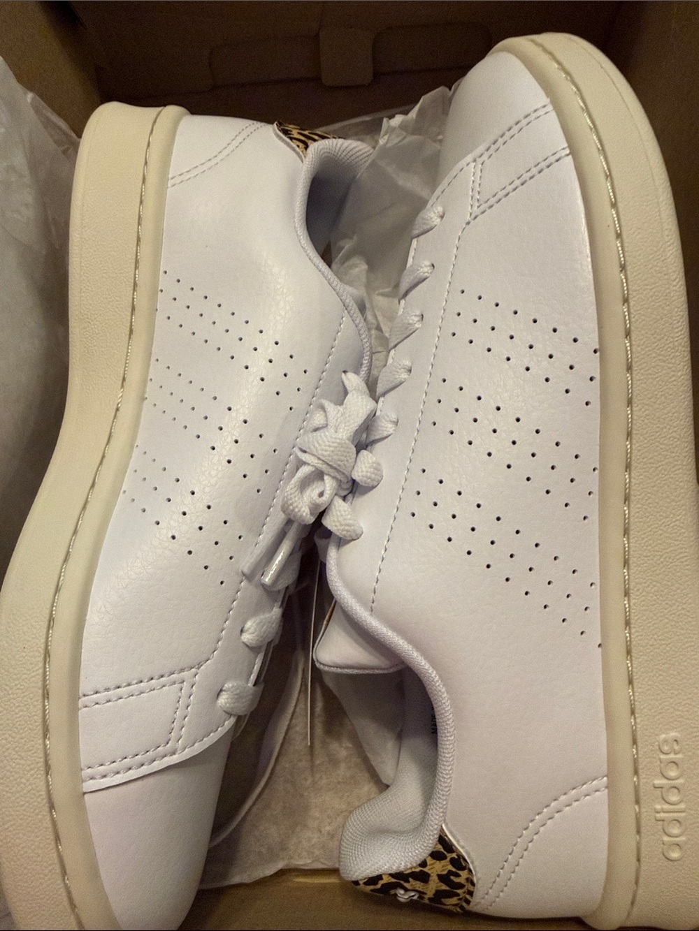 adidas White Low-Top Sneakers with Leopard Heel Tab